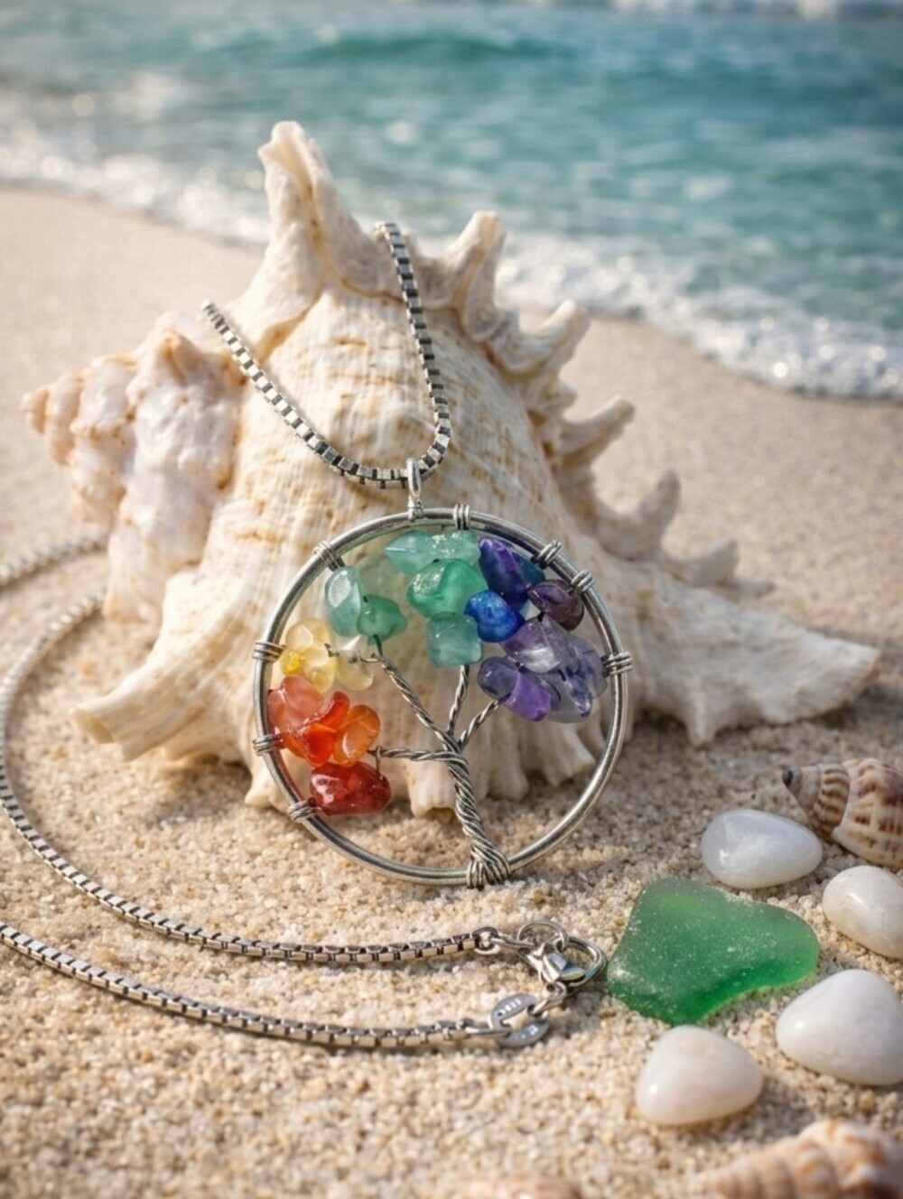 7 Chakra Tree of Life Crystal Pendant Necklace Boho Chic Stainless Steel 19.5"